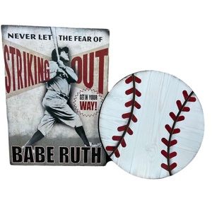 Baseball Set of Two Wall Hangings Babe Ruth Plaque & Baseball - Like New!
